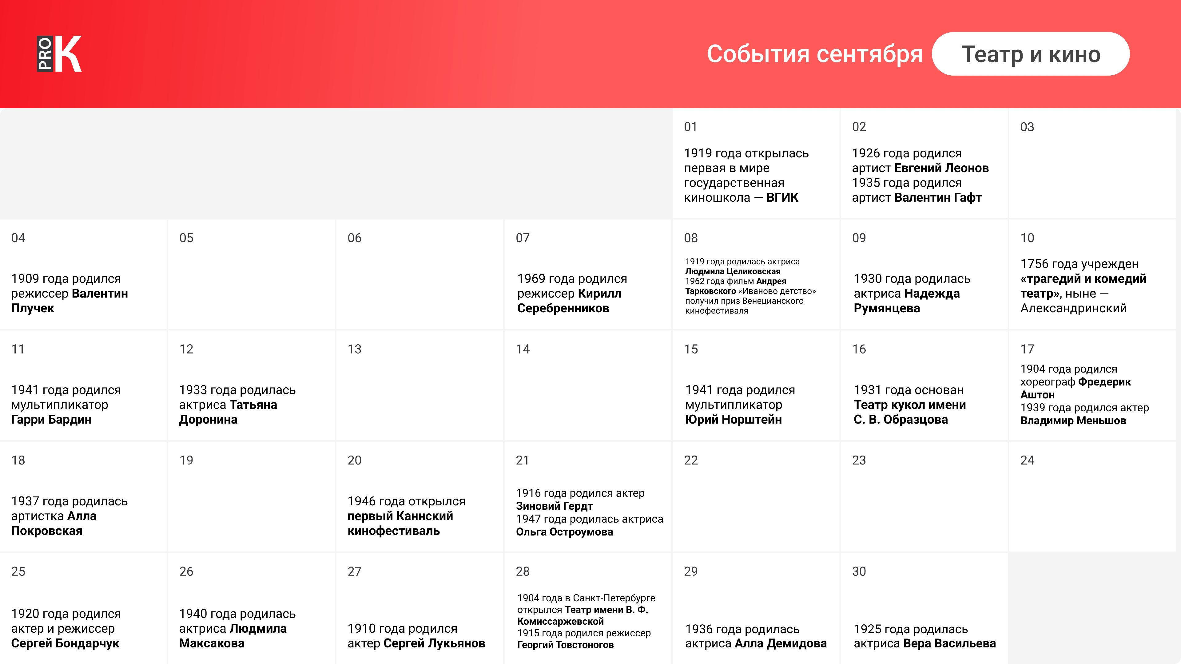 Календарь событий на сентябрь 2023 года